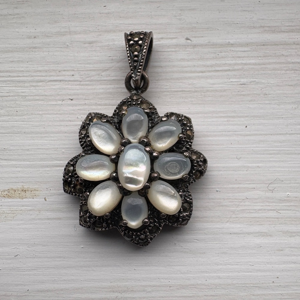 Elegant Marcasite Silver and White Floral Pendant